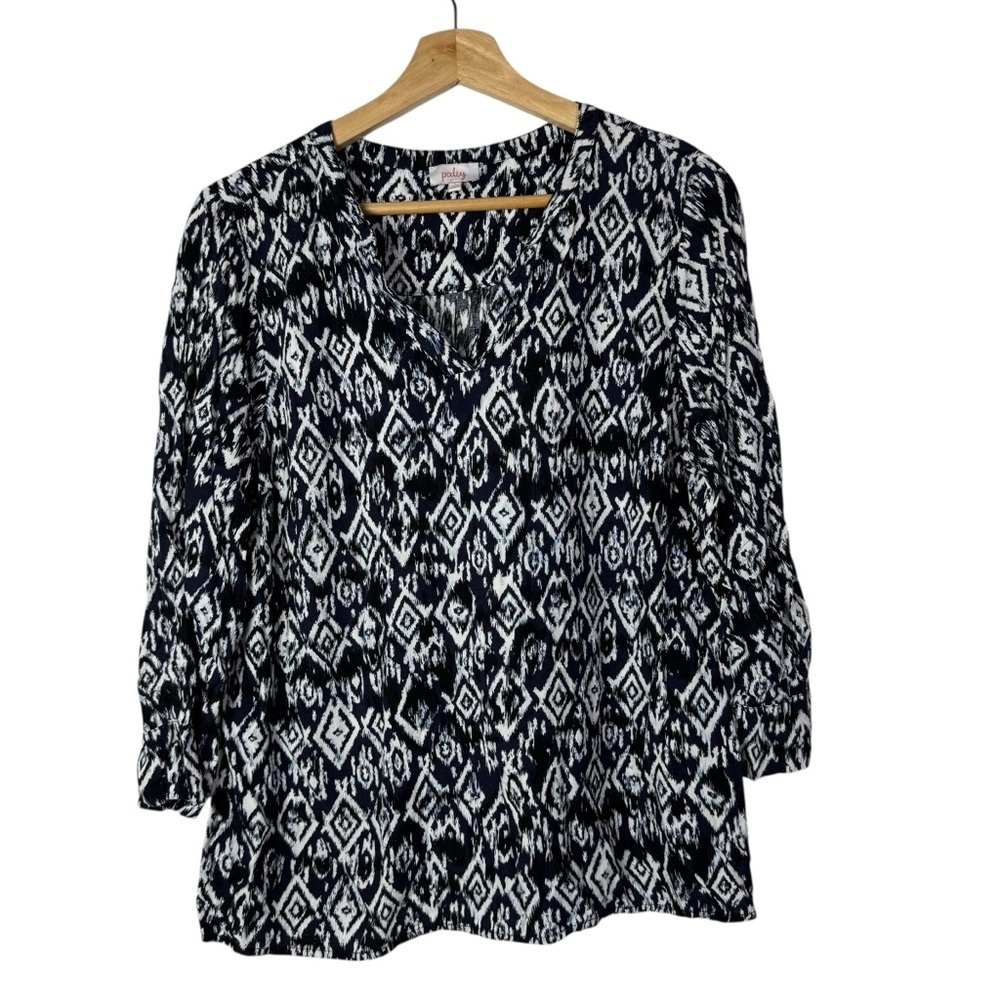 Pixley Black & White Diamond Ikat Print Long Sleeve Top L